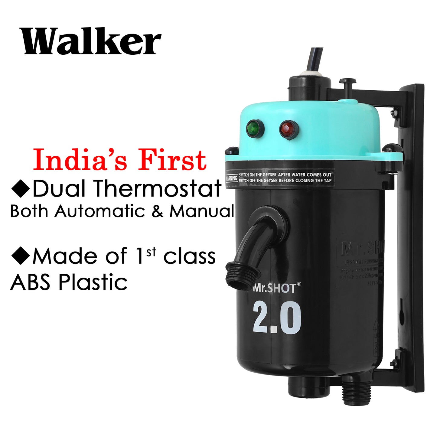 Mr.SHOT® 2.0 Walker | India's 1st Dual Thermostat Screwless Instant Water Heater | Green