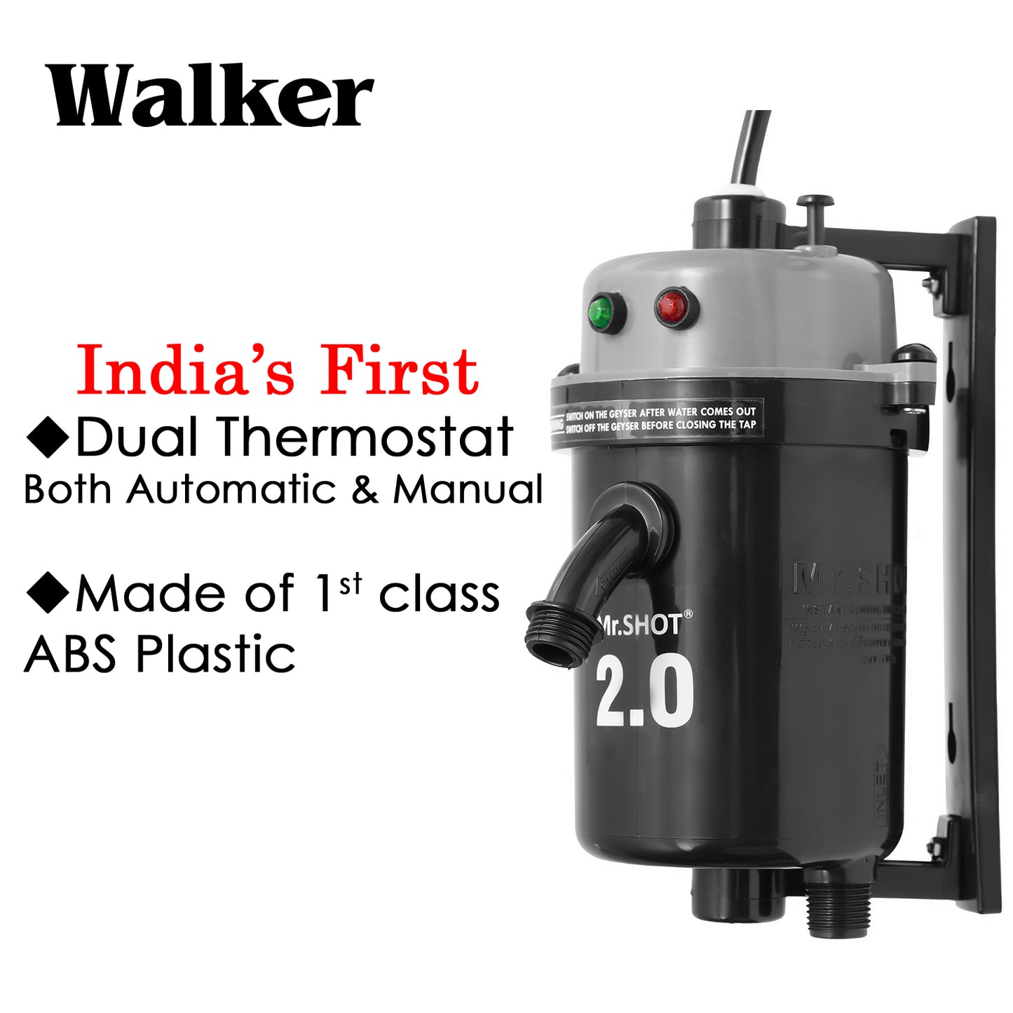 Mr.SHOT® 2.0 Walker | India's 1st Dual Thermostat Screwless Instant Water Heater | Dark Grey