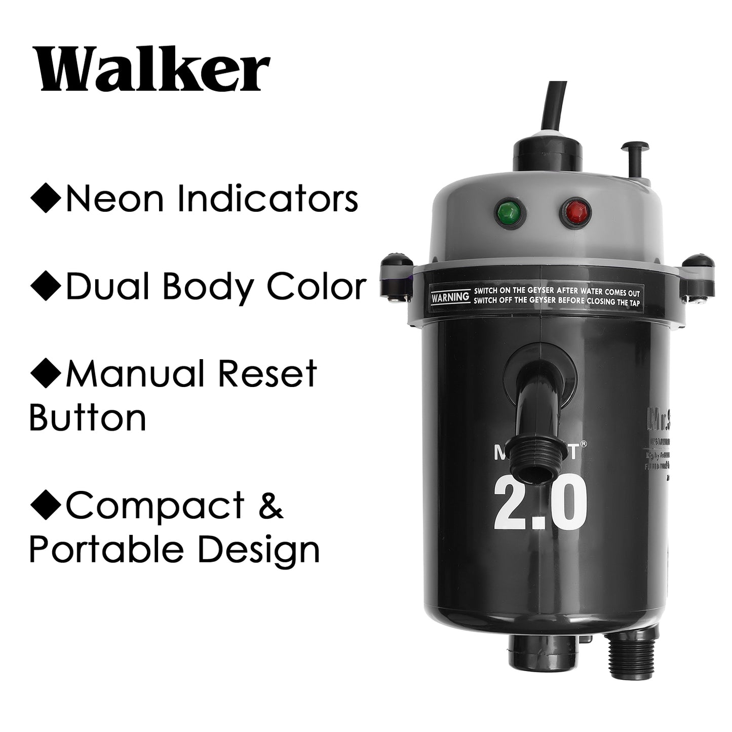 Mr.SHOT® 2.0 Walker | India's 1st Dual Thermostat Screwless Instant Water Heater | Dark Grey