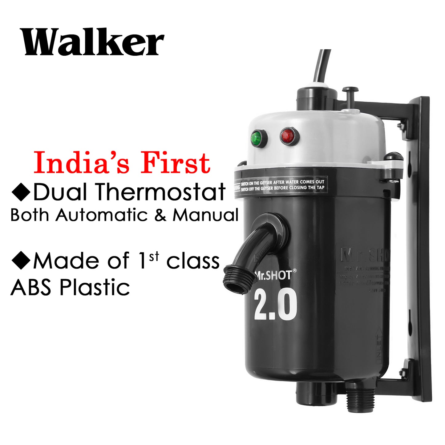 Mr.SHOT® 2.0 Walker | India's 1st Dual Thermostat Screwless Instant Water Heater | Metallic Grey