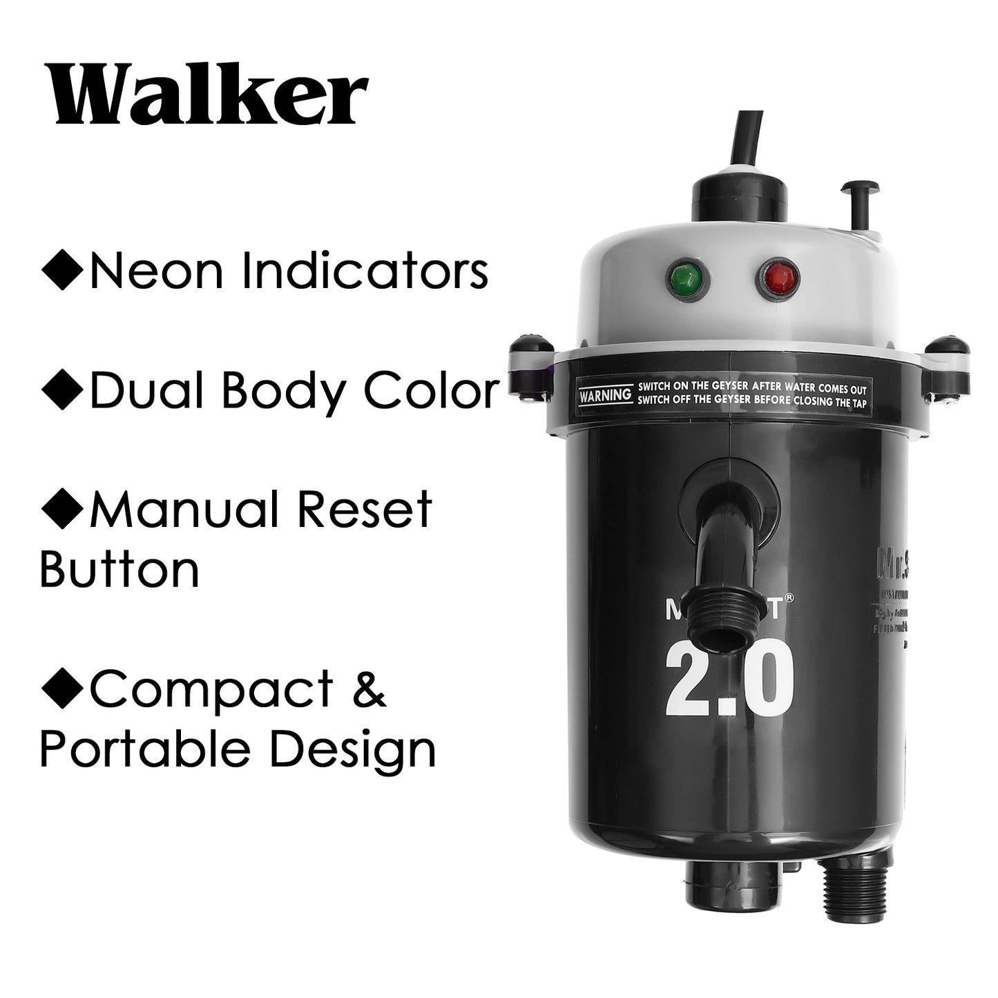 Mr.SHOT® 2.0 Walker | India's 1st Dual Thermostat Screwless Instant Water Heater | Metallic Grey