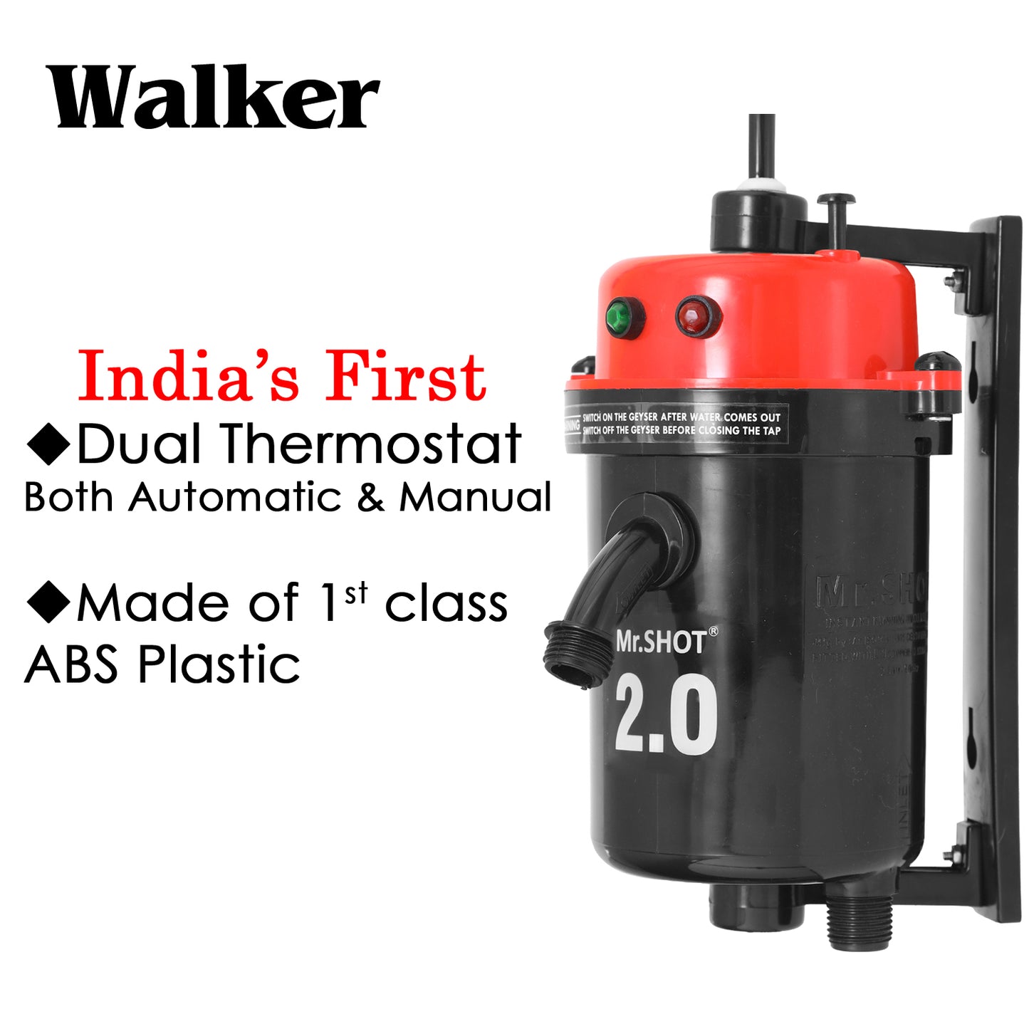 Mr.SHOT® 2.0 Walker | India's 1st Dual Thermostat Screwless Instant Water Heater | Red