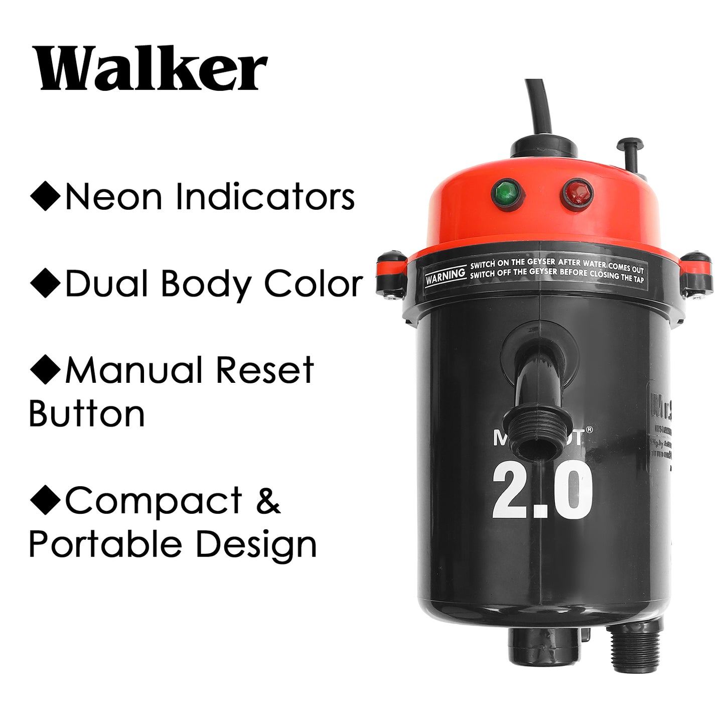 Mr.SHOT® 2.0 Walker | India's 1st Dual Thermostat Screwless Instant Water Heater | Red