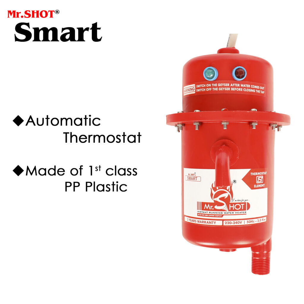Mr.SHOT® Smart | Compact 2800W instant water heater with stainless steel heating coil for everyday use | Red